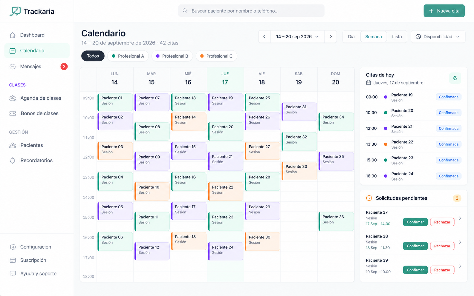 Agenda de Trackaria con disponibilidad por profesional