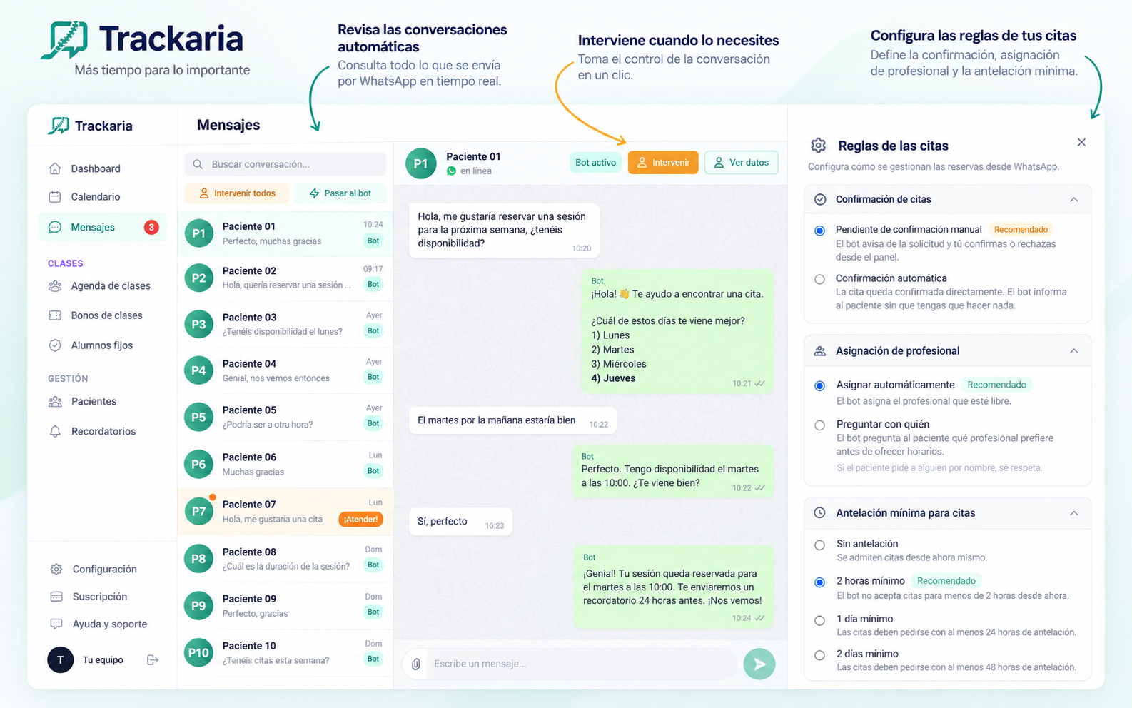 Panel de Trackaria con conversaciones, control humano y reglas de reserva